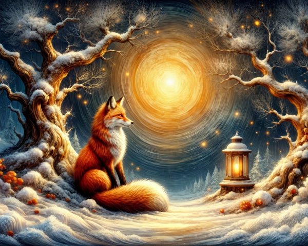 Majestic fox in snowy landscape with glowing lantern