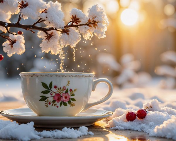 Porcelain Cup with Floral Patterns in Winter Landscape