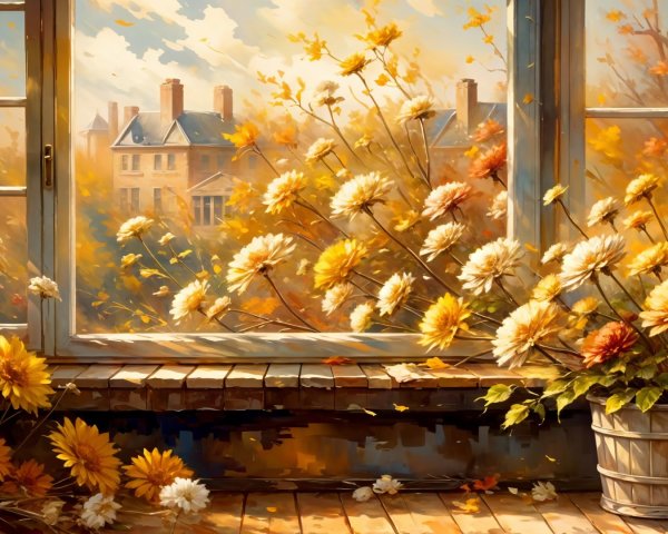 Cozy Autumn Window Scene with Vibrant Flowers