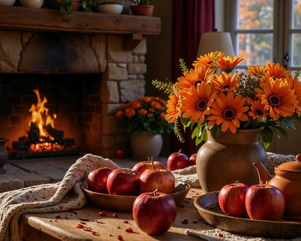 Cozy Room with Fireplace and Autumn Decor Elements