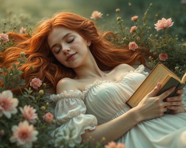 Young Woman in White Gown Surrounded by Flowers