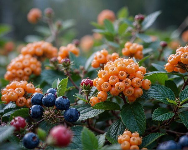 Clusters of Orange and Blue Berries on Green Foliage