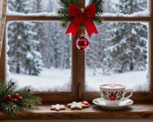 Cozy Winter Scene Through Rustic Wooden Window Frame
