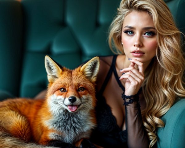 Glamorous Woman and Playful Fox in Cozy Setting