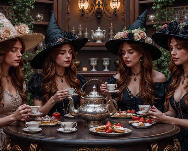 Witches' Tea Party in a Cozy Elegantly Decorated Room