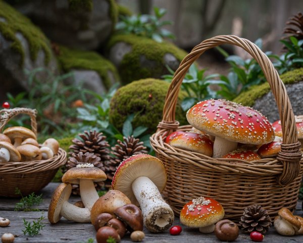 Vibrant Forest Scene with Red-Capped Mushrooms
