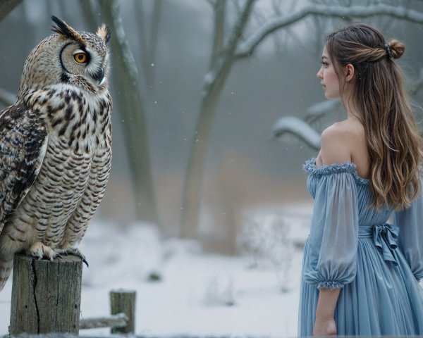 Winter Landscape with Woman and Owl in Snowfall