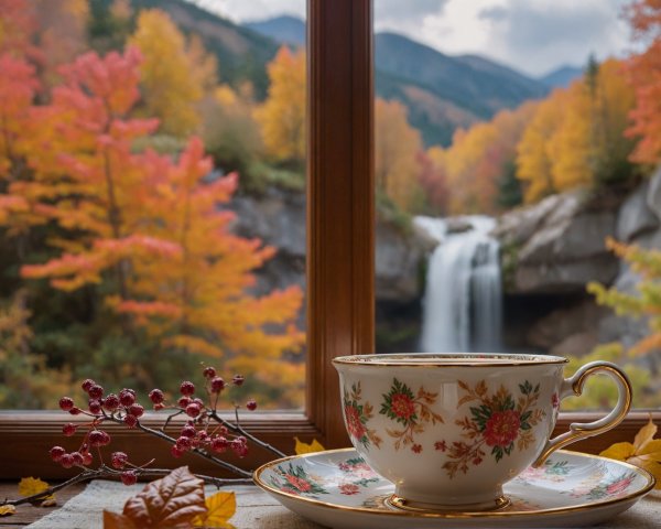 Porcelain Teacup on Table with Autumn Foliage and Waterfall