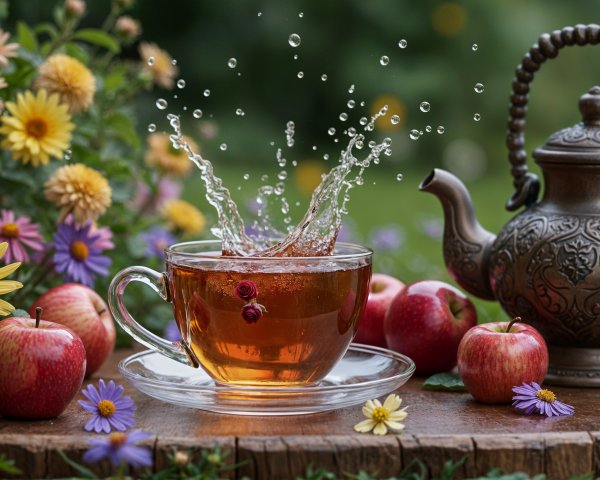 Amber Tea in Glass Cup Surrounded by Flowers and Apples