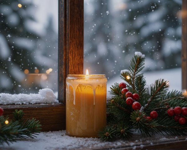 Cozy Winter Scene with Candle and Snowy Landscape
