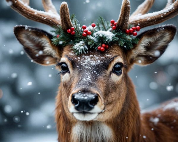 Close-up of a deer with a festive wreath in snow