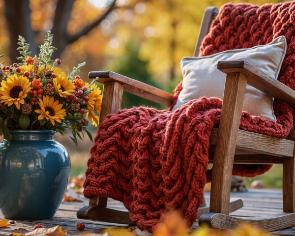 Cozy Wooden Rocking Chair with Autumn Decor Elements