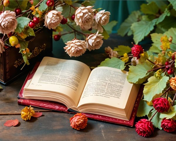 Open Book on Rustic Table Surrounded by Flowers