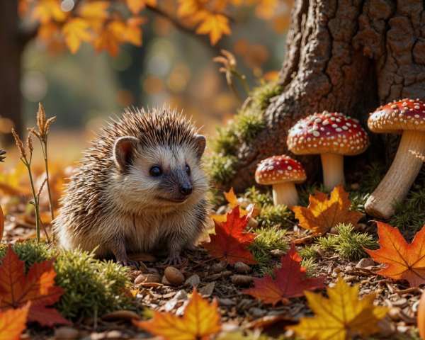 Hedgehog Among Colorful Autumn Leaves and Mushrooms