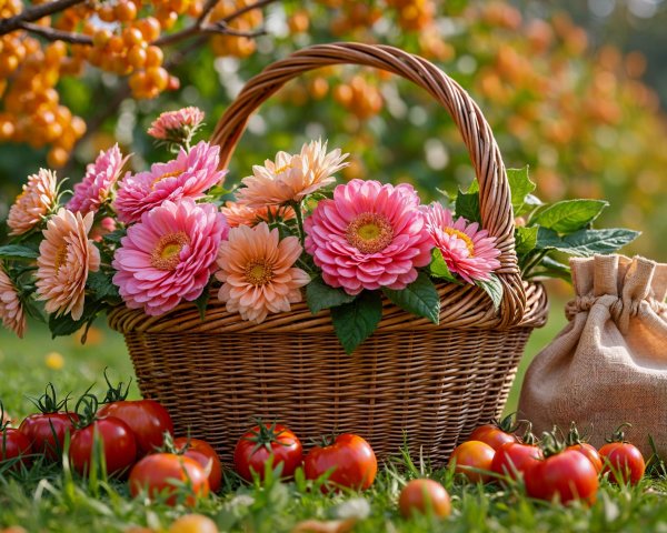 Woven Basket with Pink Daisies and Fresh Tomatoes