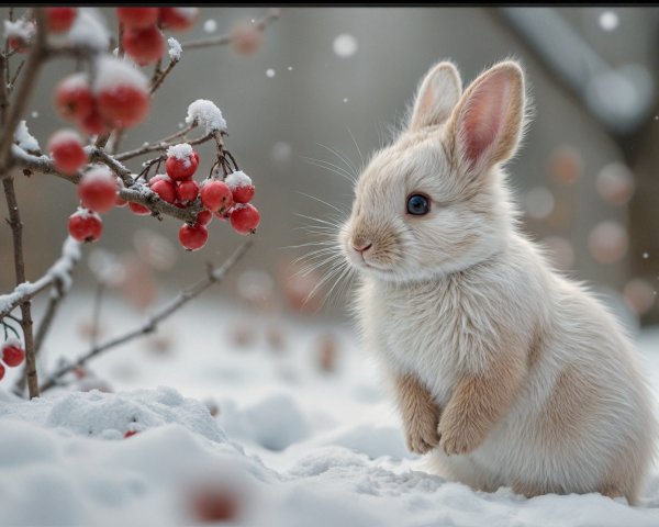 Fluffy Rabbit in Serene Snowy Winter Landscape