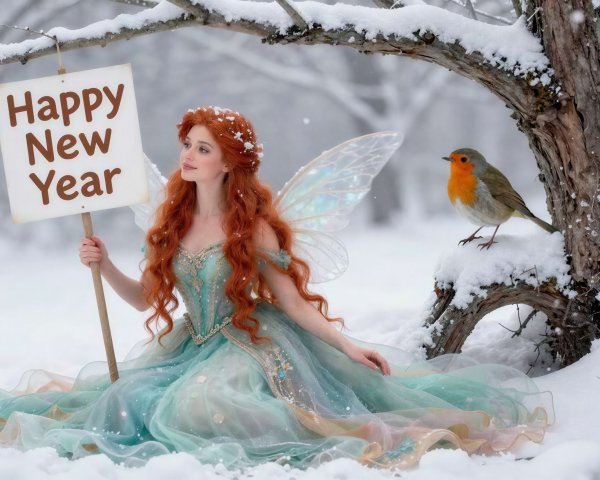 Young Woman in Fairy Wings in Winter Forest Setting