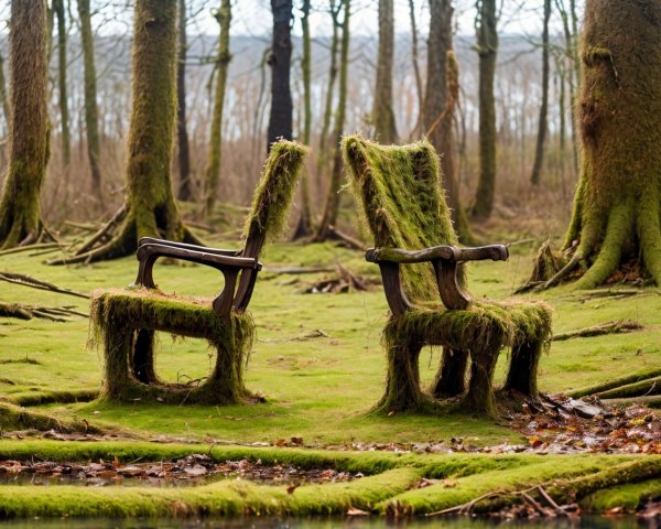 Rustic Wooden Chairs Surrounded by Lush Forest Moss