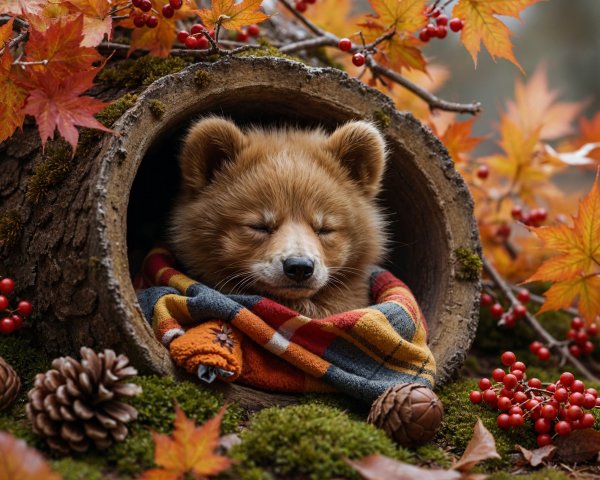 Cozy bear cub resting in a log with autumn leaves