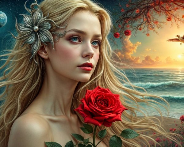 Portrait of a Young Woman with Floral Hairpiece and Roses