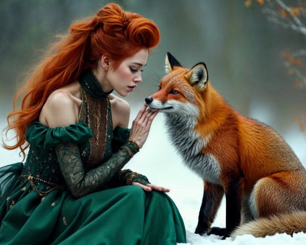 Woman in Green Gown with Red Fox in Snowy Forest