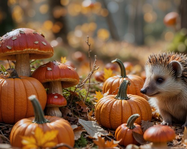 Hedgehog Among Orange Pumpkins and Mushrooms in Autumn