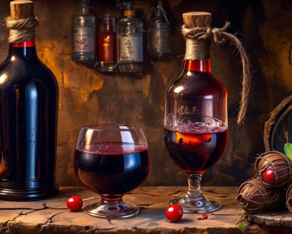 Rustic Wooden Display with Red Wine and Decorative Objects