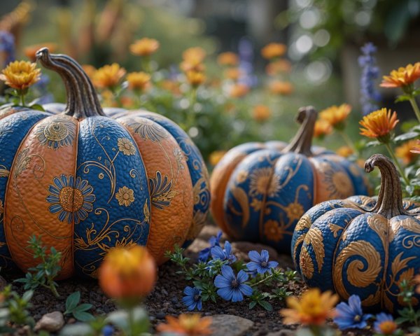 Vibrant Autumn Scene with Decorated Pumpkins and Flowers