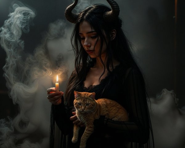 Mysterious figure with candle and cat in smoky ambiance