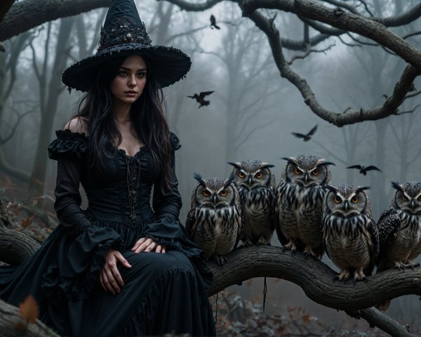 Misty Forest Scene with Woman and Owls in Gown