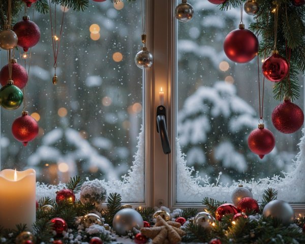 Cozy Winter Scene with Frosted Window and Decorations