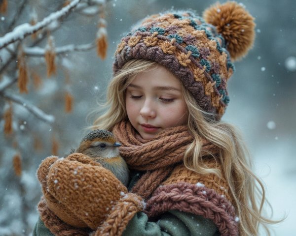 Young girl with bird in winter setting