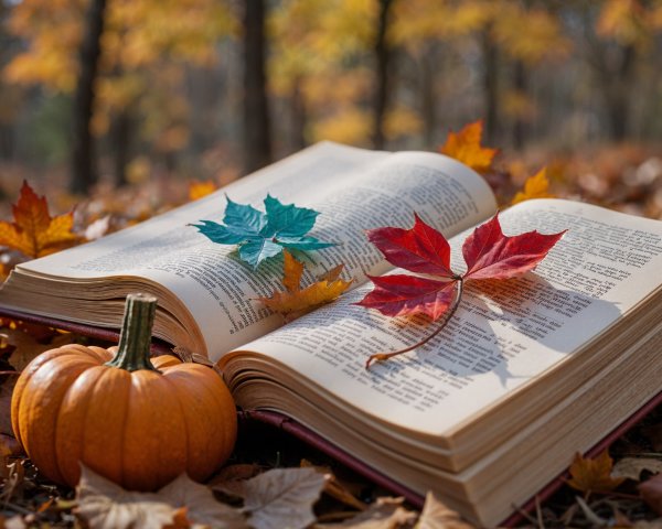 Open Book on Colorful Autumn Leaves and Pumpkin