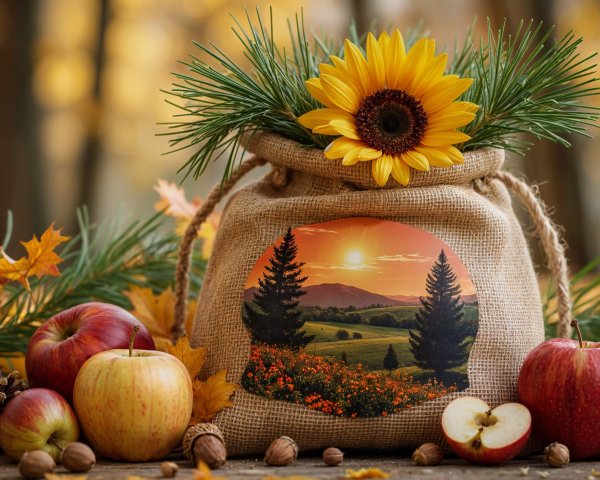 Rustic Burlap Bag Centerpiece with Sunflowers and Apples