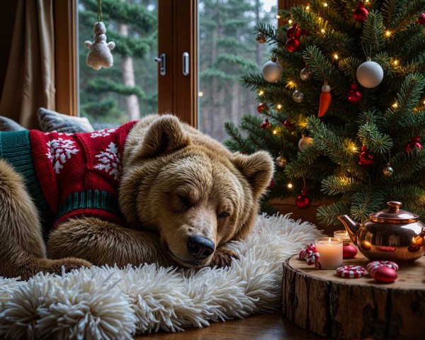 Cozy Winter Scene with Bear and Christmas Decor