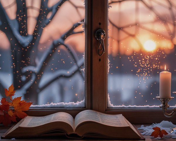 Cozy Winter Scene with Snow and Candles at Sunset