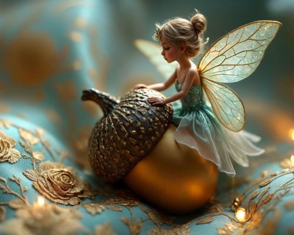 Delicate fairy on acorn with shimmering wings