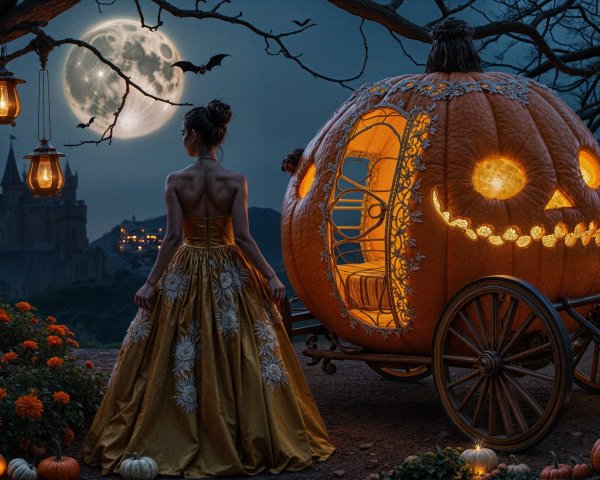 Golden Gown and Pumpkin Carriage Under Moonlight
