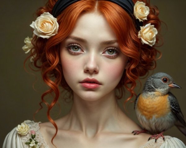 Young woman with red curls and rose adornments