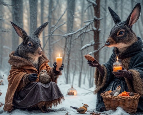 Winter Forest Scene with Rabbits and Lanterns
