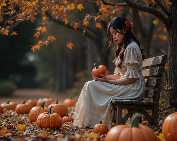 Young Woman in White Dress Surrounded by Pumpkins