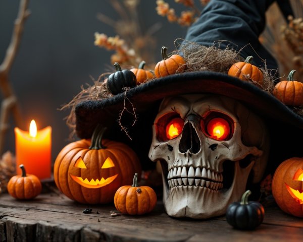 Halloween Scene with Skull, Pumpkins, and Candlelight
