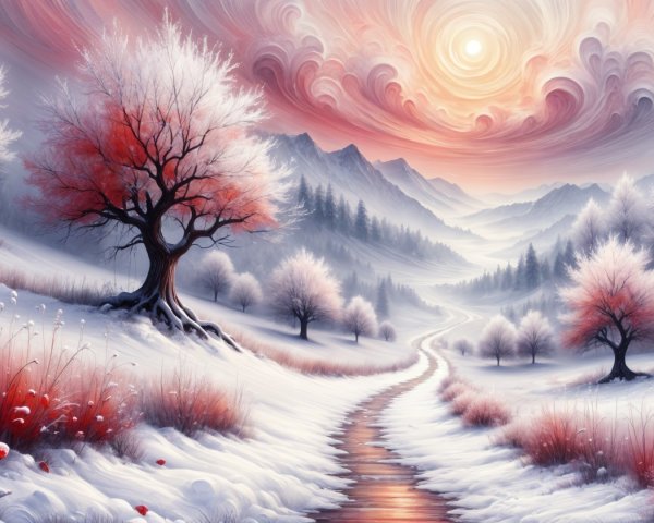 Serene winter landscape with snow, trees, and sunset