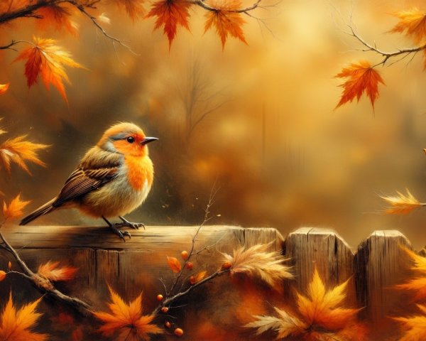 Bird on Wooden Fence Amidst Autumn Leaves