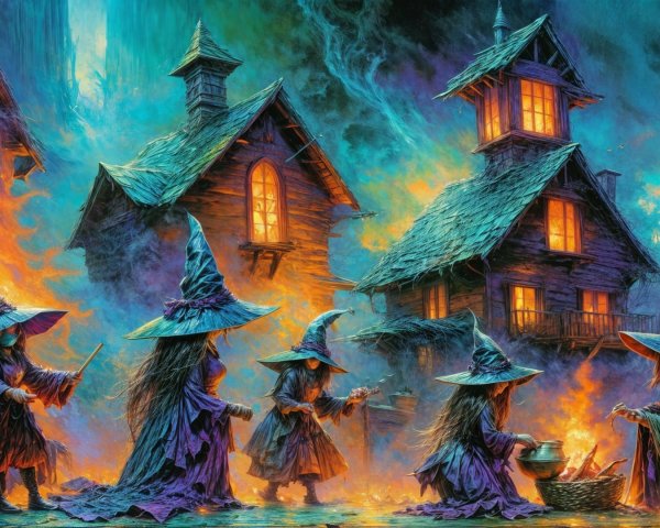 Witches in Flowing Robes Gather Around Glowing Houses