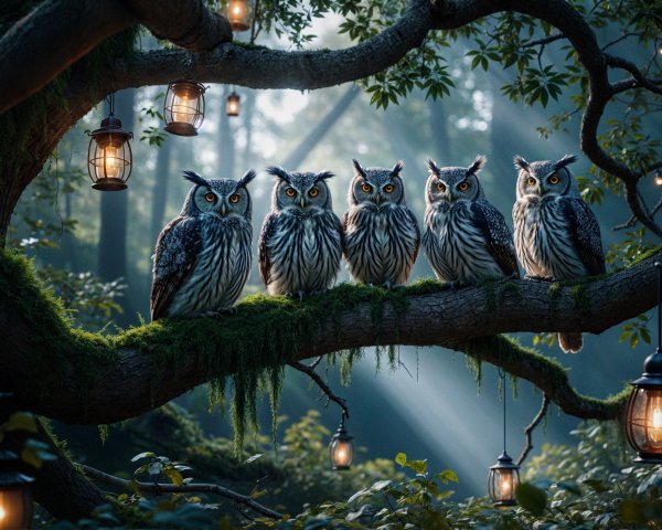 Owls on a Moss-Covered Branch in a Magical Forest