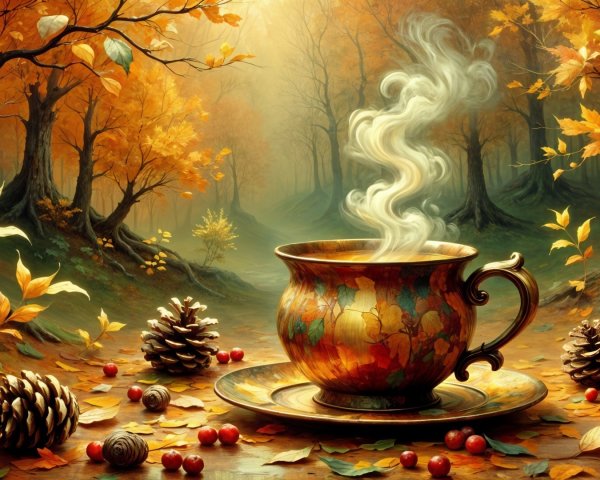 Ceramic Cup and Saucer in Autumn Forest Setting