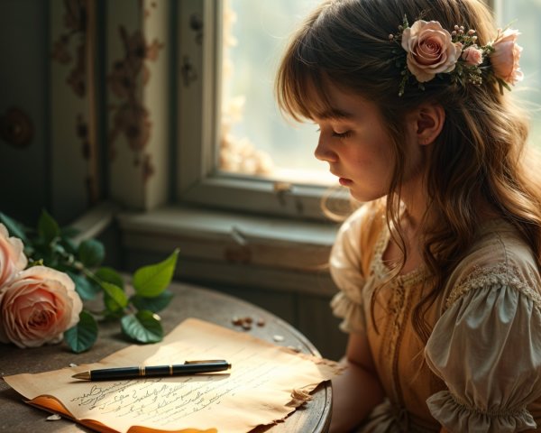 Young girl with floral headband at sunlit table