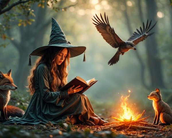 Young girl in green robe reading by campfire in forest