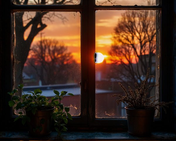 Rustic Window with Sunset and Potted Plants